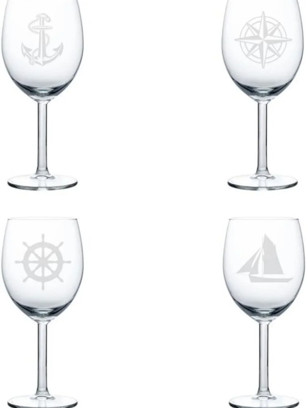 Nautical Wine Glass Set of 4 - Anchor & Compass Design, 10 oz Goblets